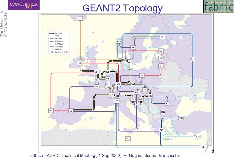 GÉANT 2 Topology ESLEA-FABRIC Technical Meeting , 1 Sep 2006, R. Hughes-Jones Manchester 3