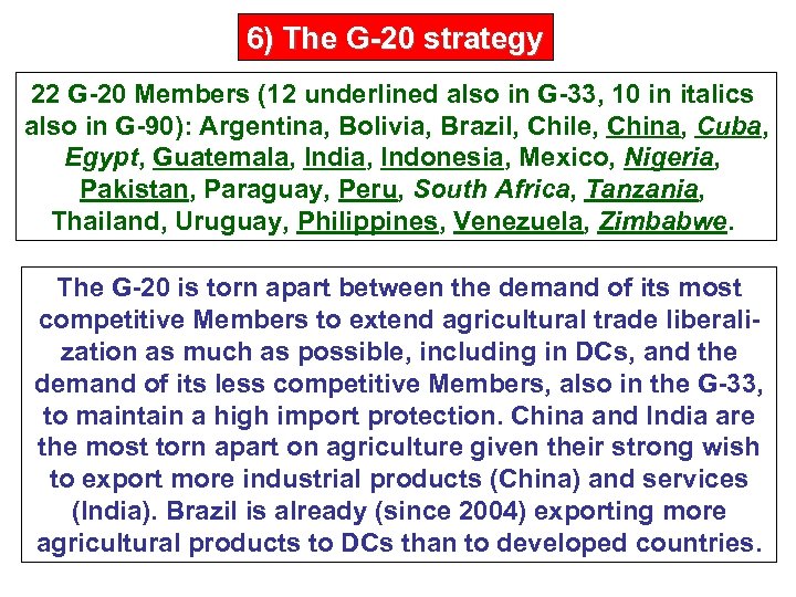 6) The G-20 strategy 22 G-20 Members (12 underlined also in G-33, 10 in