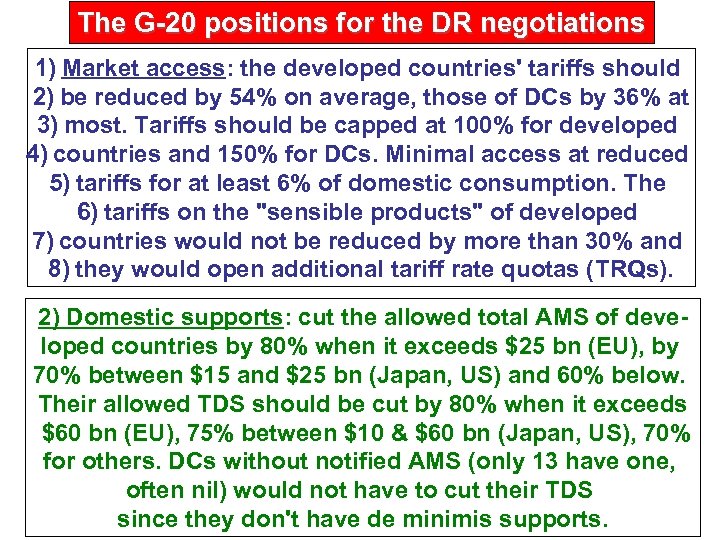 The G-20 positions for the DR negotiations 1) Market access: the developed countries' tariffs