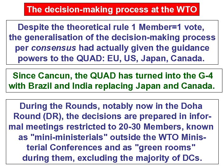 The decision-making process at the WTO Despite theoretical rule 1 Member=1 vote, the generalisation