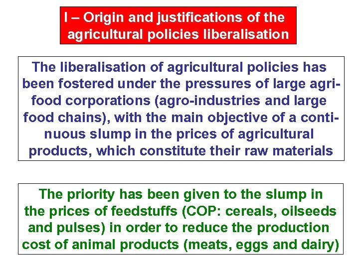 I – Origin and justifications of the agricultural policies liberalisation The liberalisation of agricultural