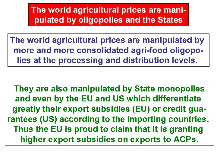 The world agricultural prices are manipulated by oligopolies and the States The world agricultural