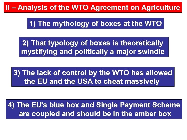 II – Analysis of the WTO Agreement on Agriculture 1) The mythology of boxes