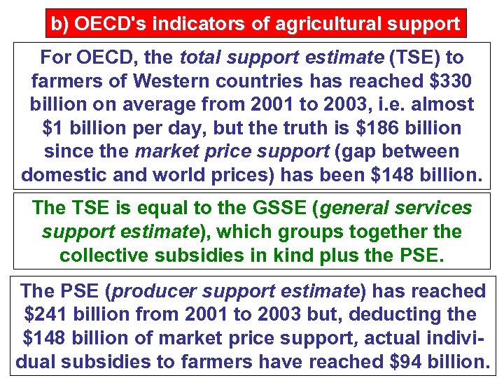 b) OECD's indicators of agricultural support For OECD, the total support estimate (TSE) to