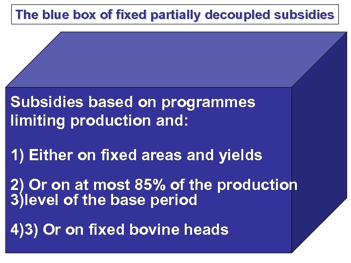 The blue box of fixed partially decoupled subsidies Subsidies based on programmes limiting production
