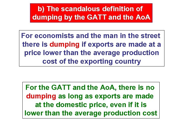 b) The scandalous definition of dumping by the GATT and the Ao. A For