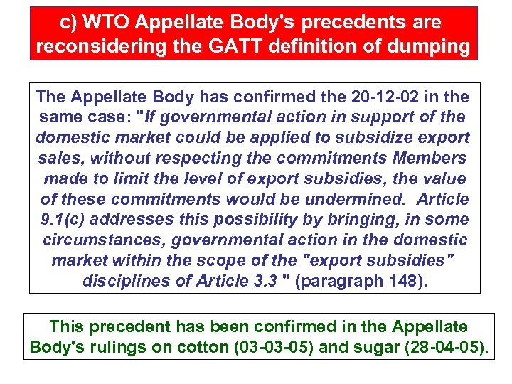 c) WTO Appellate Body's precedents are reconsidering the GATT definition of dumping The Appellate