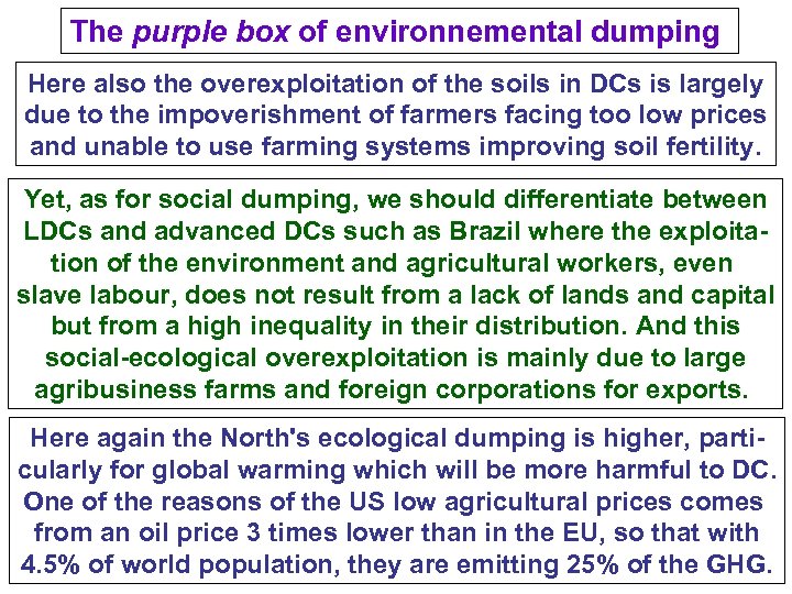 The purple box of environnemental dumping Here also the overexploitation of the soils in