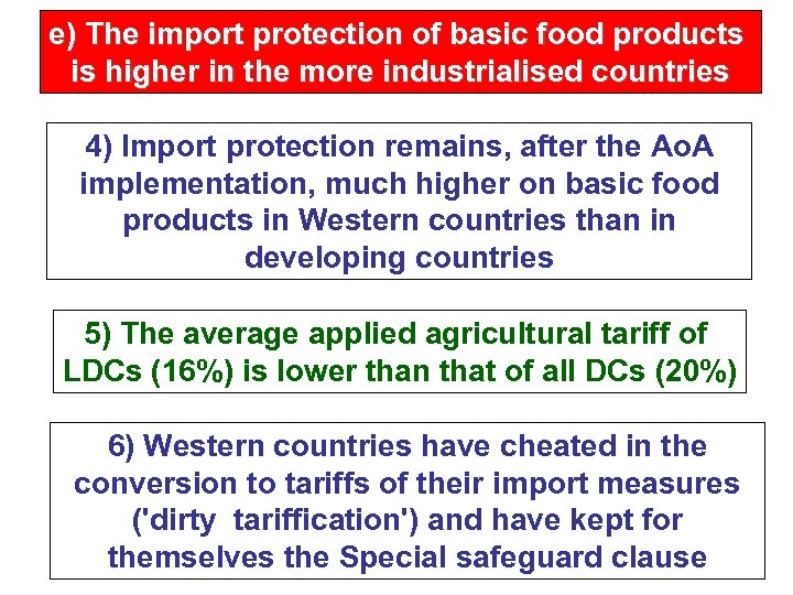 e) The import protection of basic food products is higher in the more industrialised