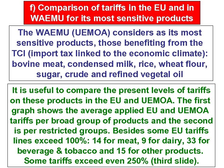 f) Comparison of tariffs in the EU and in WAEMU for its most sensitive