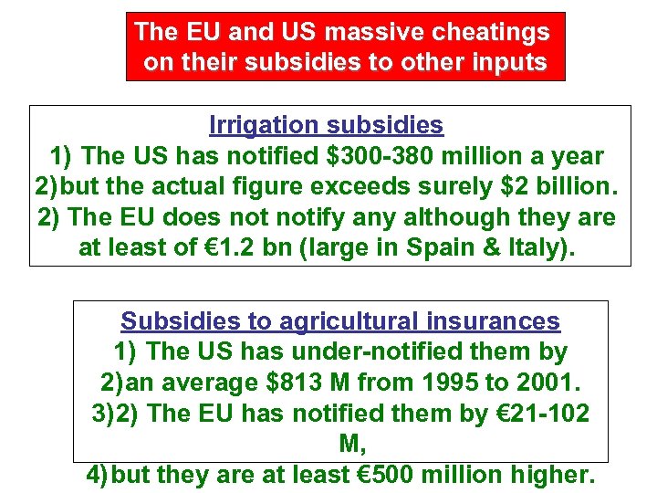 The EU and US massive cheatings on their subsidies to other inputs Irrigation subsidies