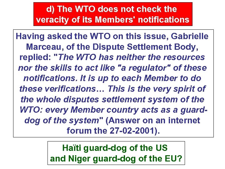 d) The WTO does not check the veracity of its Members' notifications Having asked