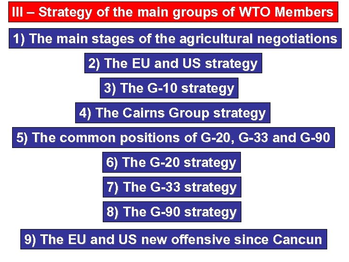 III – Strategy of the main groups of WTO Members 1) The main stages