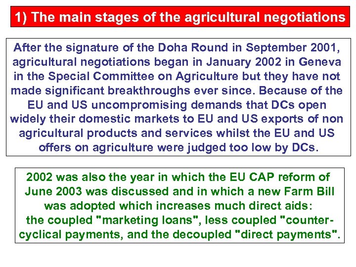 1) The main stages of the agricultural negotiations After the signature of the Doha