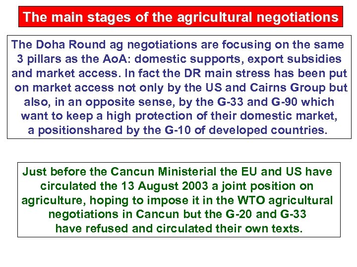 The main stages of the agricultural negotiations The Doha Round ag negotiations are focusing