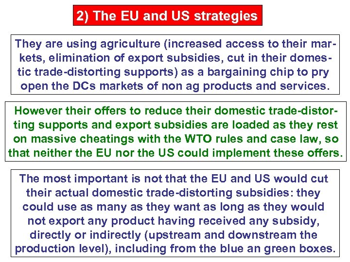2) The EU and US strategies They are using agriculture (increased access to their