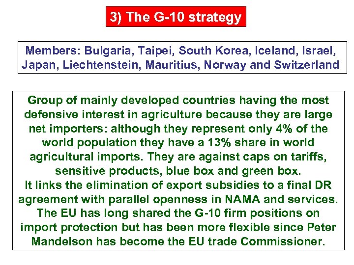 3) The G-10 strategy Members: Bulgaria, Taipei, South Korea, Iceland, Israel, Japan, Liechtenstein, Mauritius,