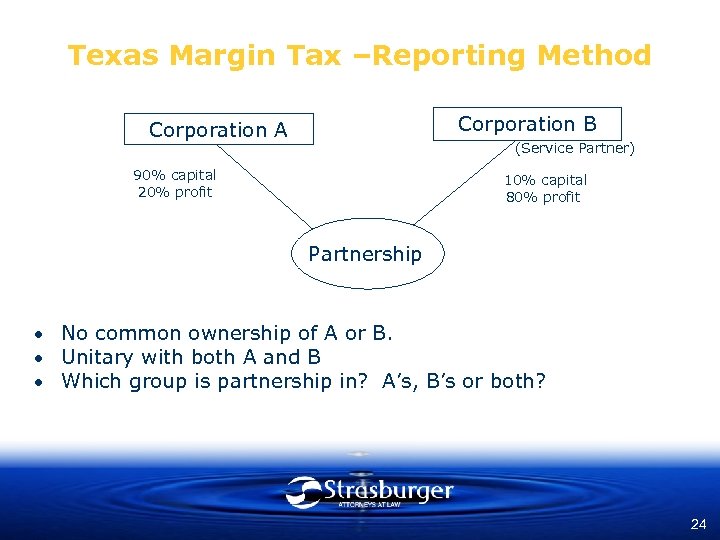 Texas Margin Tax –Reporting Method Corporation B Corporation A (Service Partner) 90% capital 20%