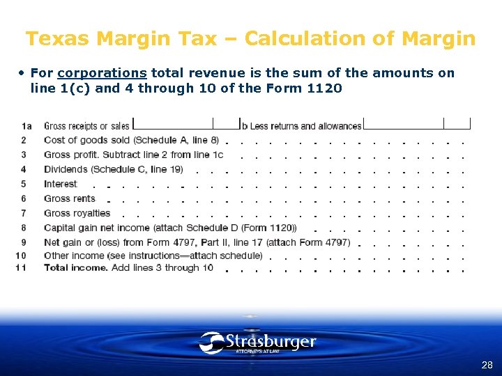 Texas Margin Tax – Calculation of Margin • For corporations total revenue is the