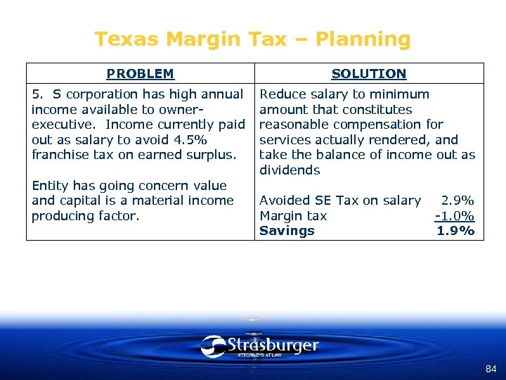 Texas Margin Tax – Planning PROBLEM SOLUTION 5. S corporation has high annual income