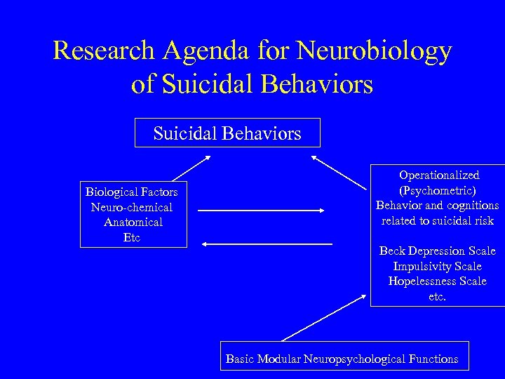 Research Agenda for Neurobiology of Suicidal Behaviors Biological Factors Neuro-chemical Anatomical Etc Operationalized (Psychometric)