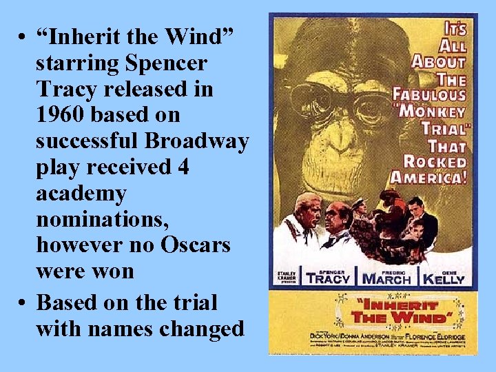  • “Inherit the Wind” starring Spencer Tracy released in 1960 based on successful