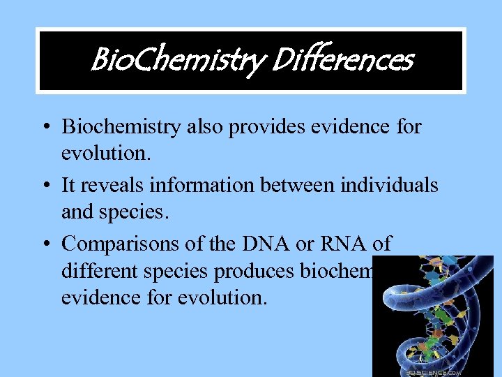 Bio. Chemistry Differences • Biochemistry also provides evidence for evolution. • It reveals information