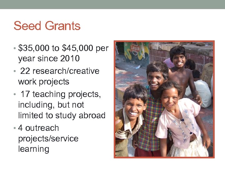 Seed Grants • $35, 000 to $45, 000 per year since 2010 • 22