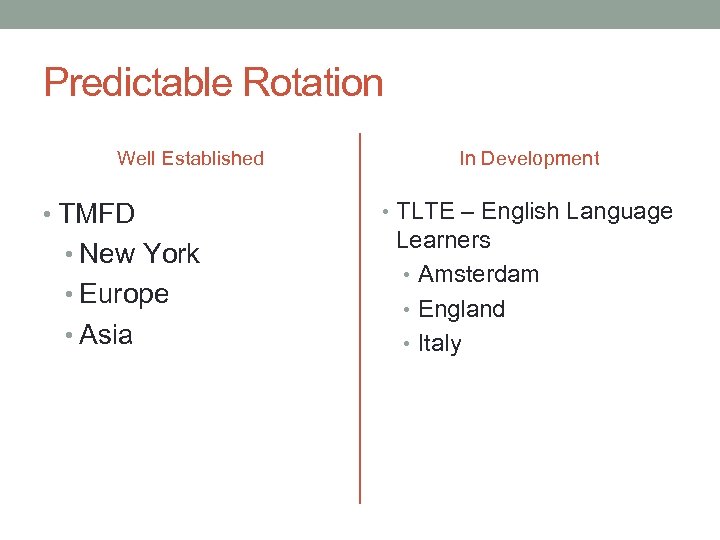 Predictable Rotation Well Established • TMFD • New York • Europe • Asia In