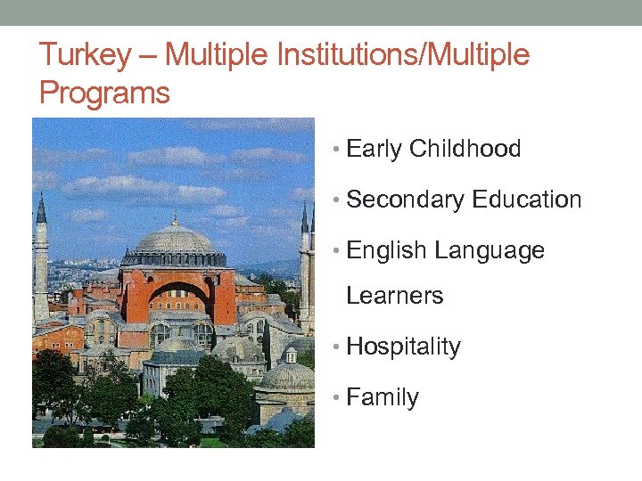 Turkey – Multiple Institutions/Multiple Programs • Early Childhood • Secondary Education • English Language