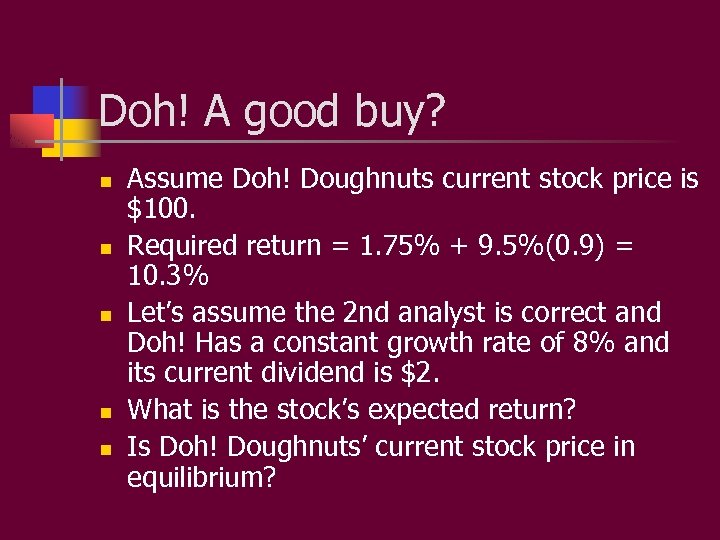 Doh! A good buy? n n n Assume Doh! Doughnuts current stock price is