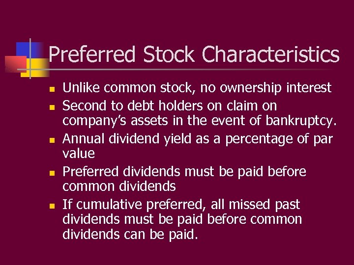Preferred Stock Characteristics n n n Unlike common stock, no ownership interest Second to