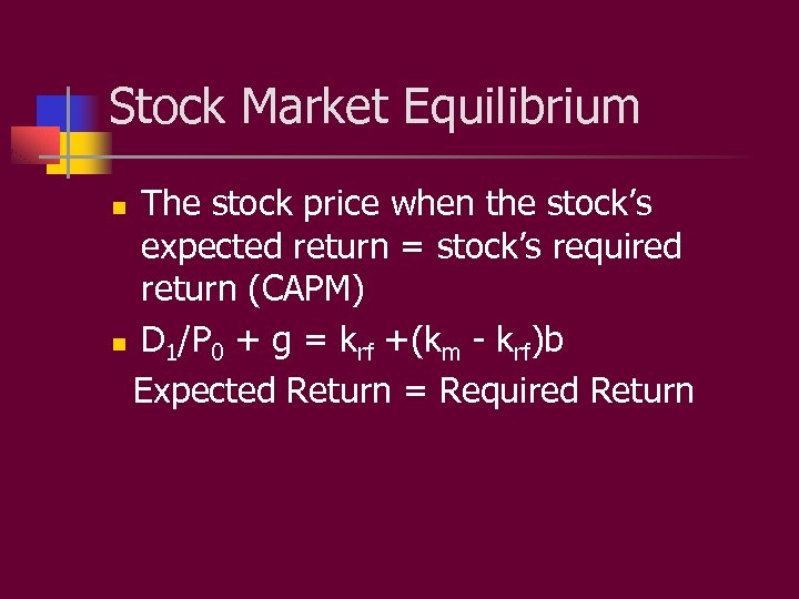 Stock Market Equilibrium The stock price when the stock’s expected return = stock’s required
