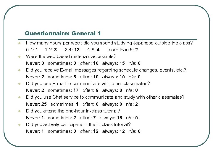 Questionnaire: General 1 l l l l How many hours per week did you