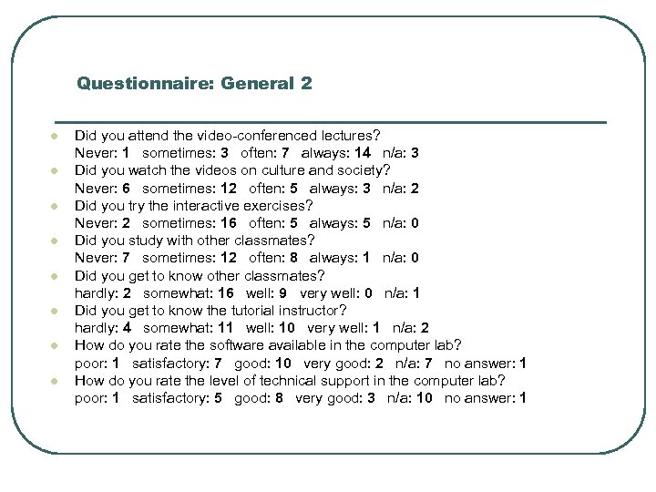 Questionnaire: General 2 l l l l Did you attend the video-conferenced lectures? Never:
