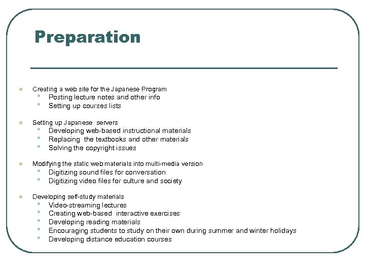 Preparation l l Creating a web site for the Japanese Program • • Posting