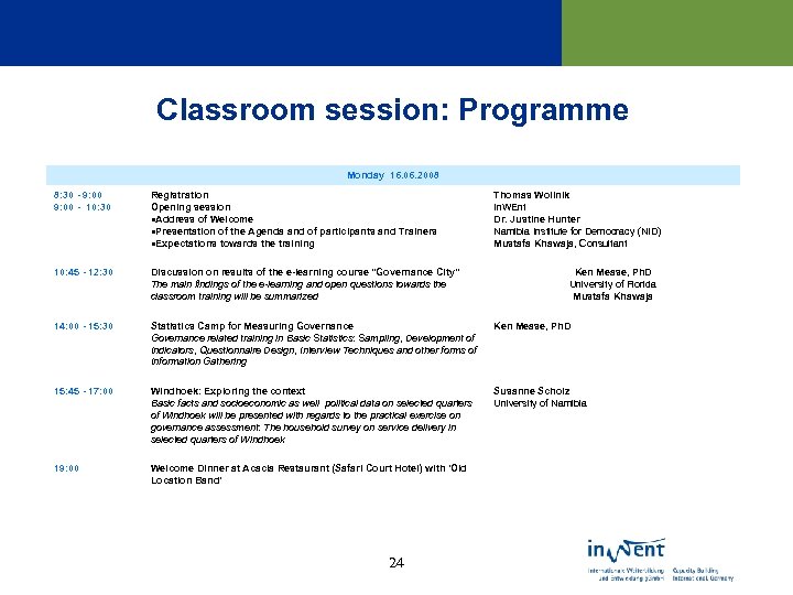 Classroom session: Programme Monday 16. 06. 2008 8: 30 - 9: 00 - 10: