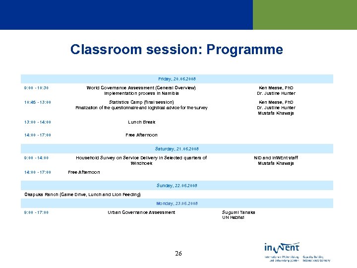 Classroom session: Programme Friday, 20. 06. 2008 9: 00 - 10: 30 World Governance