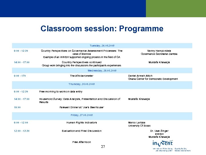 Classroom session: Programme Tuesday, 24. 06. 2008 9: 00 - 12: 30 Country Perspectives