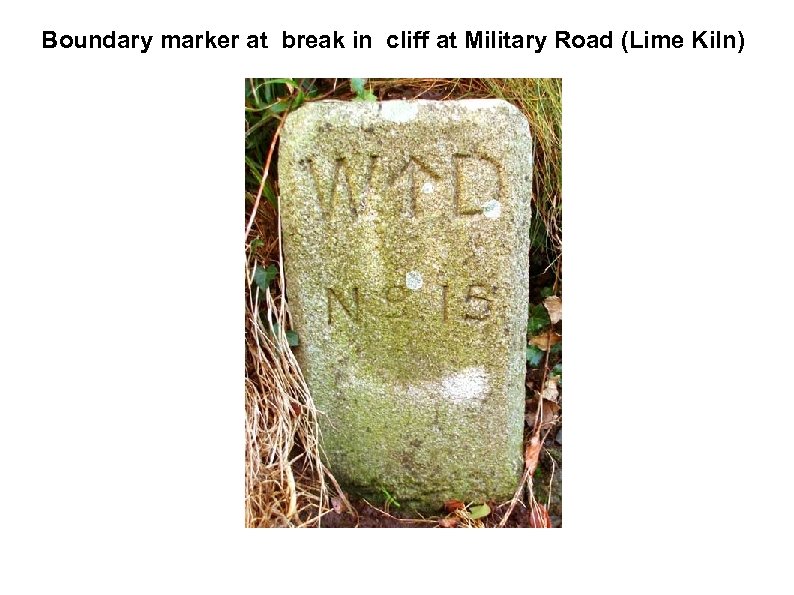 Boundary marker at break in cliff at Military Road (Lime Kiln) 