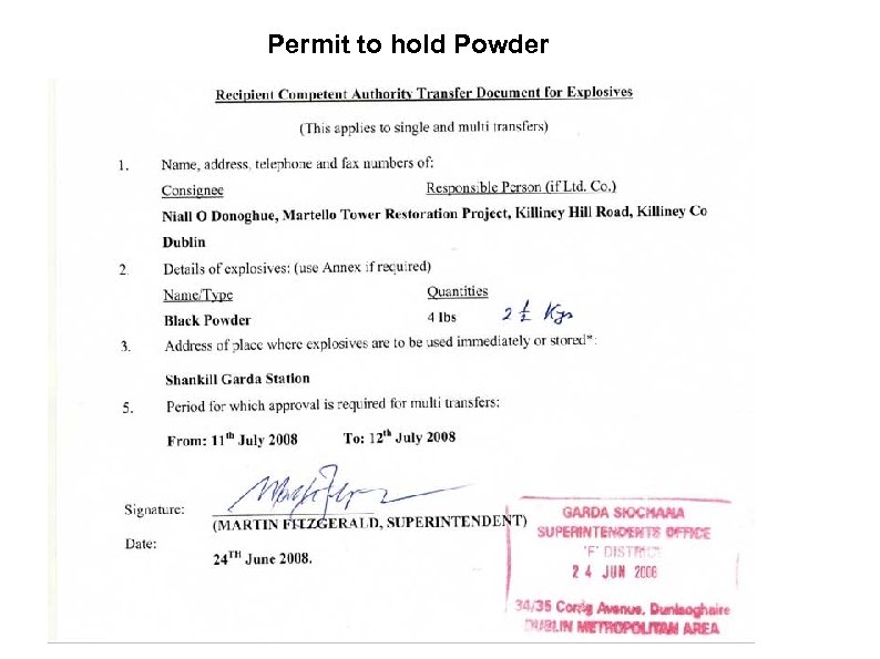 Permit to hold Powder 