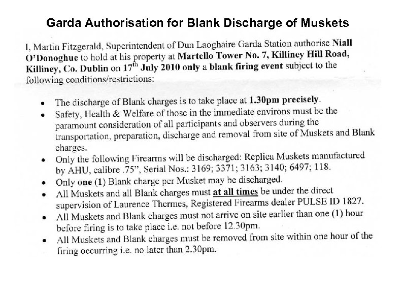 Garda Authorisation for Blank Discharge of Muskets 