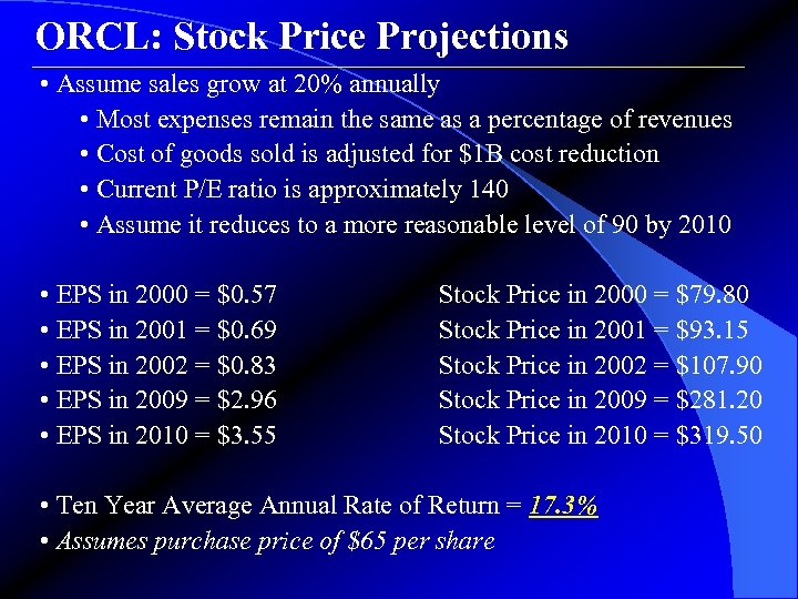 ORCL: Stock Price Projections • Assume sales grow at 20% annually • Most expenses