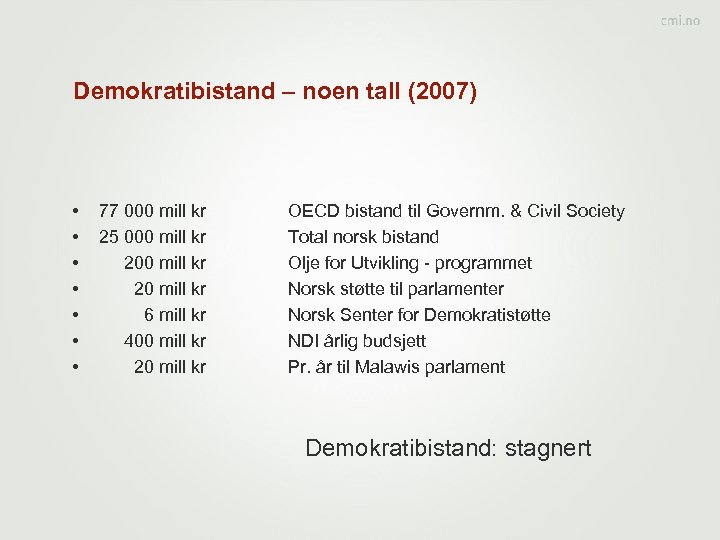 Demokratibistand – noen tall (2007) • • 77 000 mill kr 25 000 mill