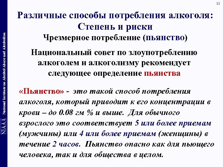 11 National Institute on Alcohol Abuse and Alcoholism Различные способы потребления алкоголя: Степень и
