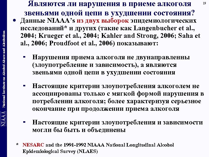 Являются ли нарушения в приеме алкоголя звеньями одной цепи в ухудшении состояния? 19 National