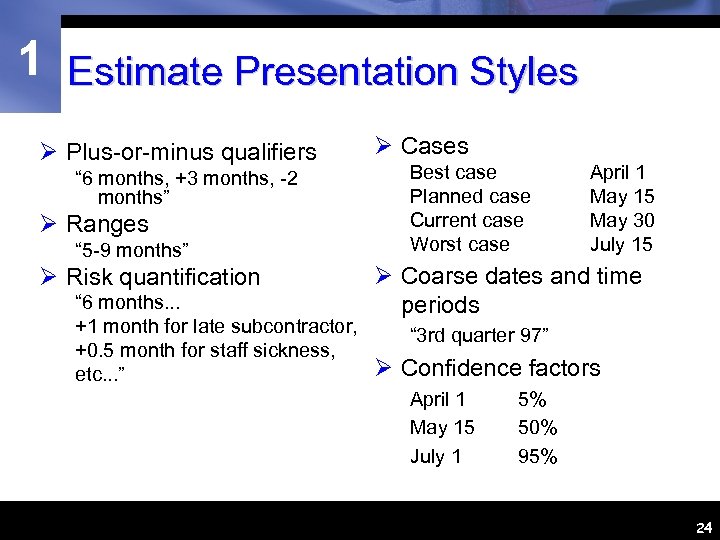 1 Estimate Presentation Styles Ø Plus-or-minus qualifiers “ 6 months, +3 months, -2 months”