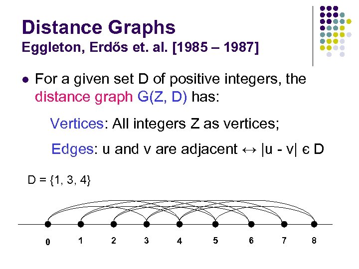 Distance Graphs Eggleton, Erdős et. al. [1985 – 1987] l For a given set