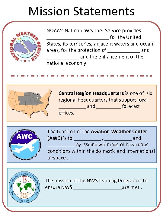 Mission Statements NOAA's National Weather Service provides ____________ for the United States, its territories,