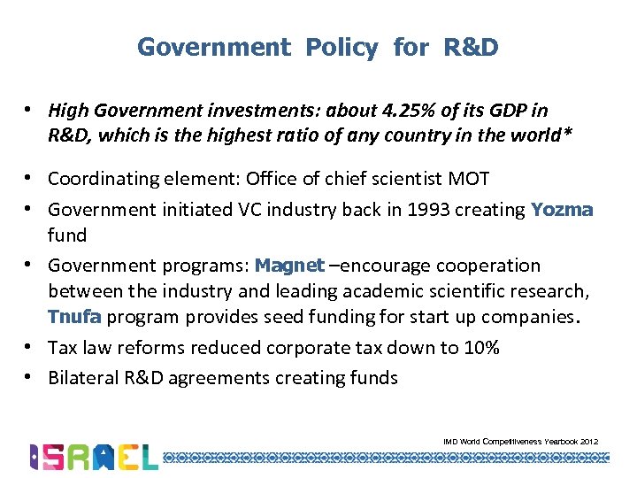 Government Policy for R&D • High Government investments: about 4. 25% of its GDP